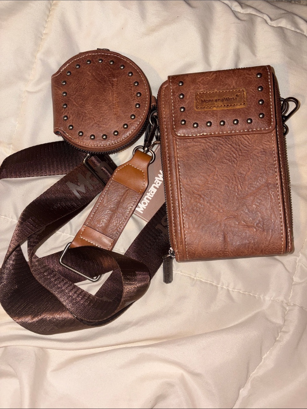 Montana West Brown Leather Crossbody Phone Wallet and Coin Pouch